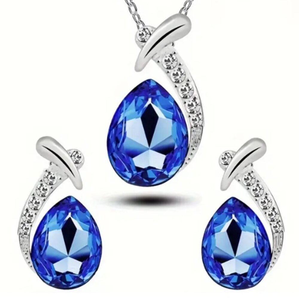 Exquisite 925 Sterling Silver Teardrop Necklace & Matching Earrings Jewelry Set